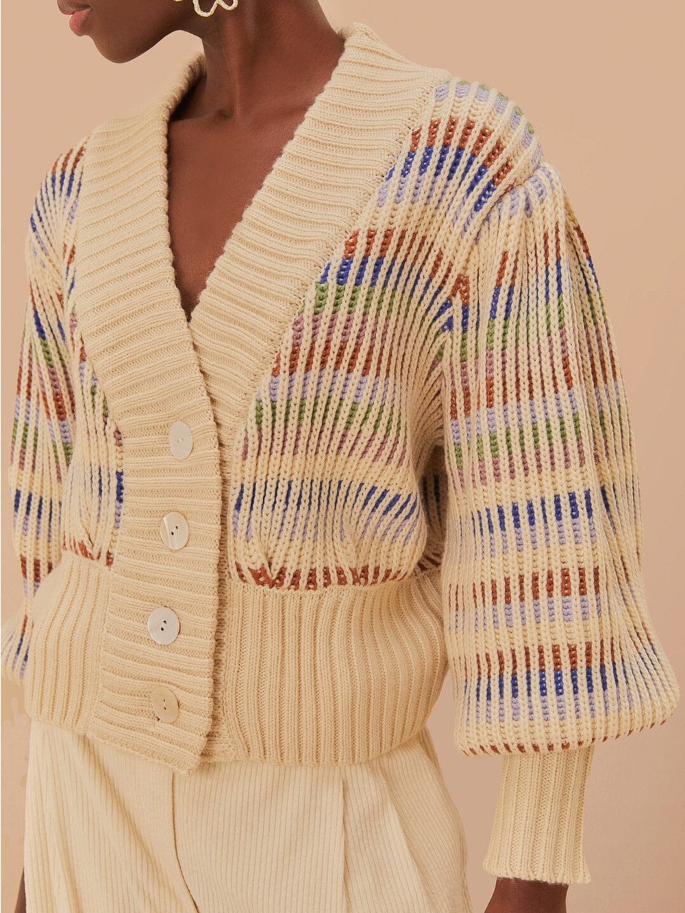 FARM Rio Bold Stitch Knit Cardigan in Multi Creme